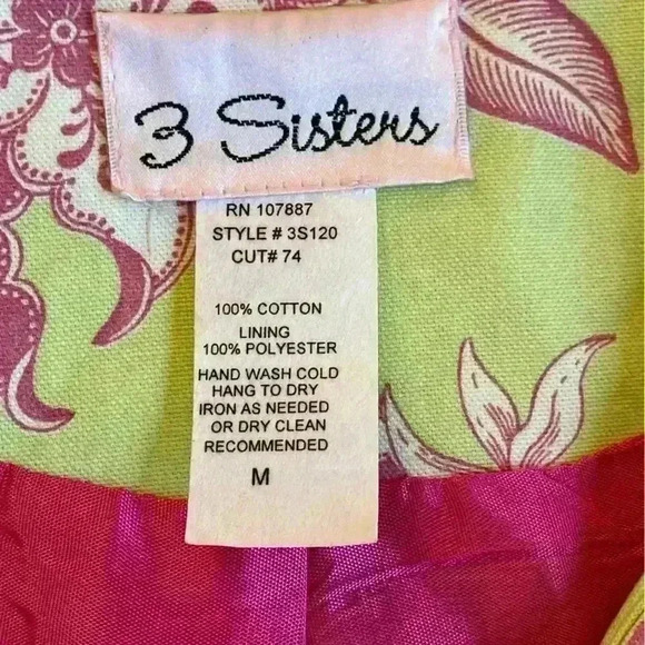 3 Sisters Green & Pink Lined Short Blazer Jacket Size Medium Floral Feminine - Picture 6 of 9